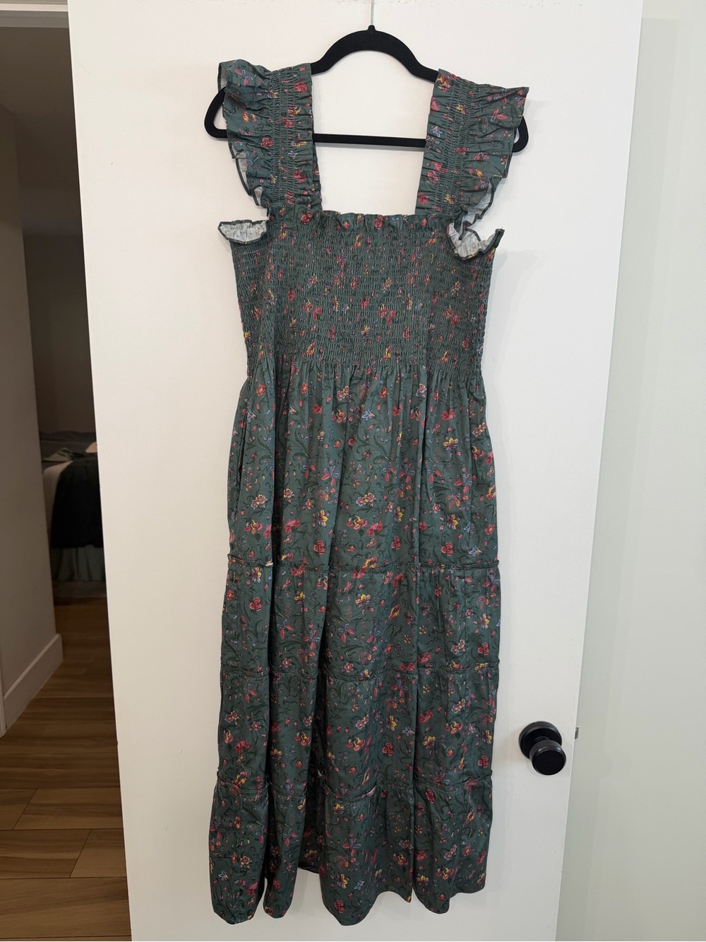 Hill House Smocked Floral Midi Dress with Ruffle Straps - Green